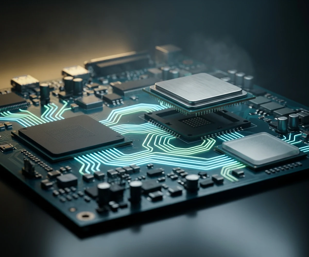Integrated circuit with connections branching out to surrounding systems.