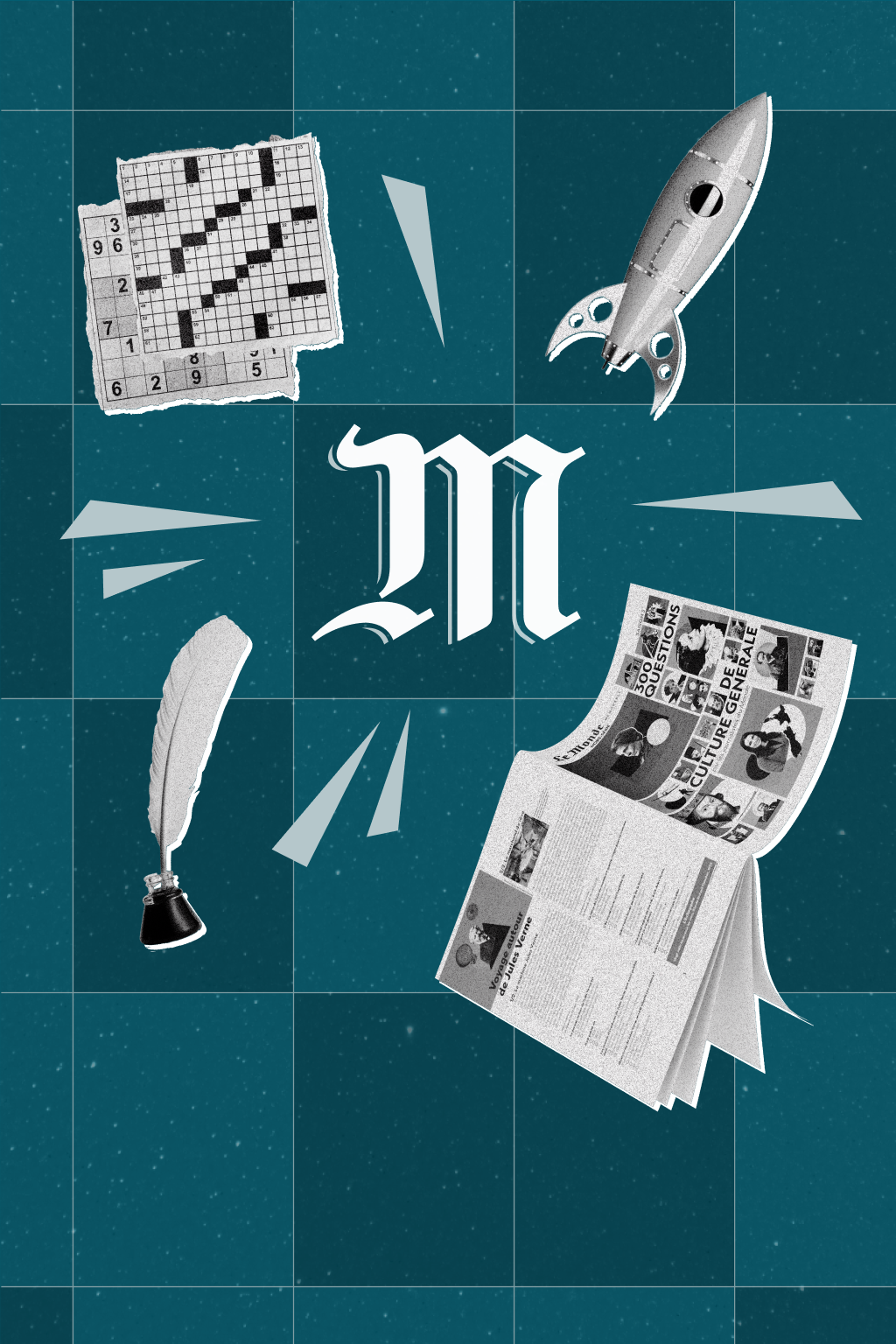 Troisième version.
Logo Monogramme centré, élements symbolisant la variété des offres flottant autour du logo (mots croisées, sudoku, fusée, plume et magasine hors-série). Le fond est constitué d'une grille, certaines cases sont grisés.