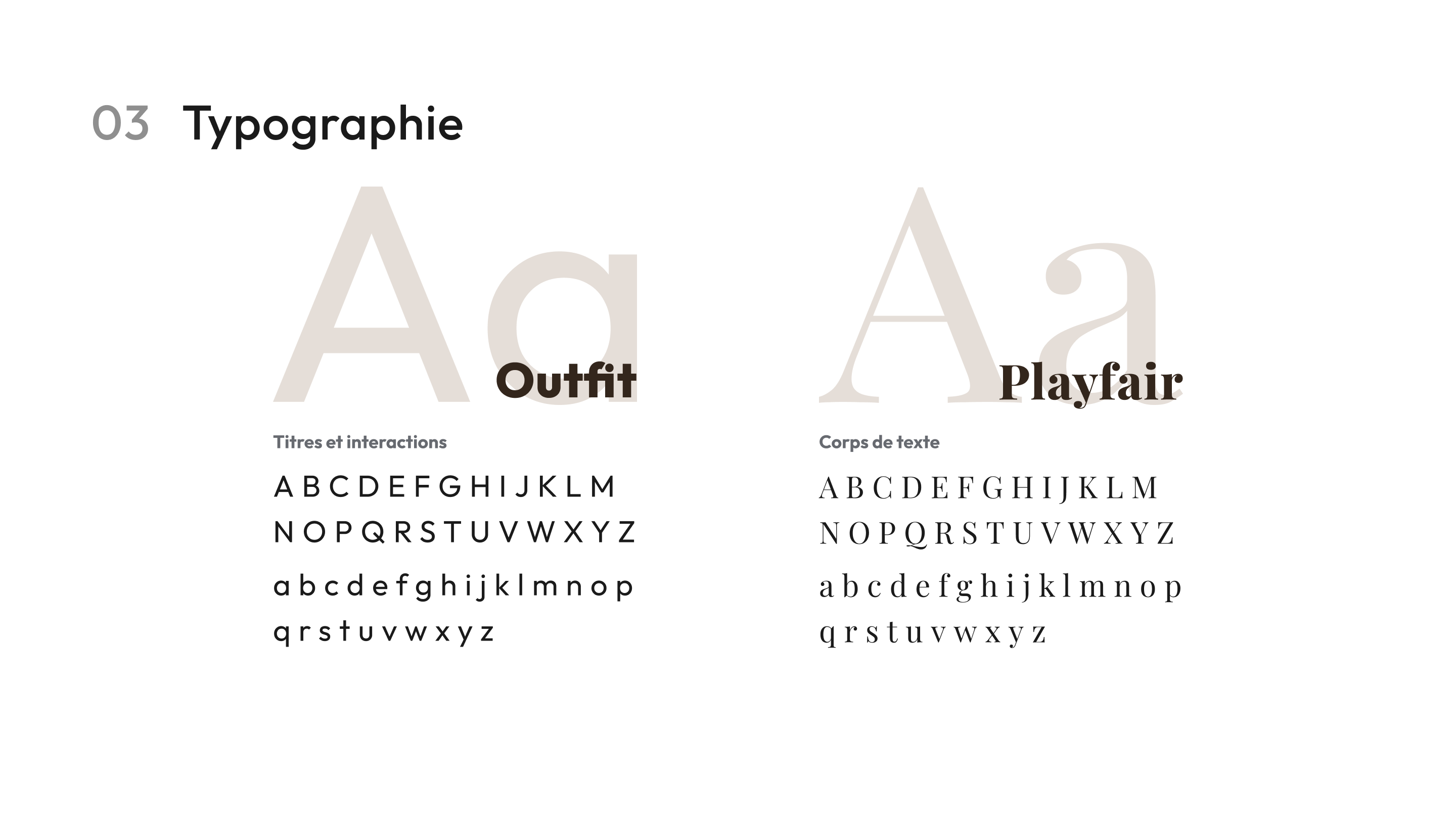 Sélection typographique de la charte graphique. Deux polices sont mises en avant : “Outfit” pour les titres et interactions, une police moderne sans-serif, et “Playfair” pour le corps de texte, une police serif élégante.