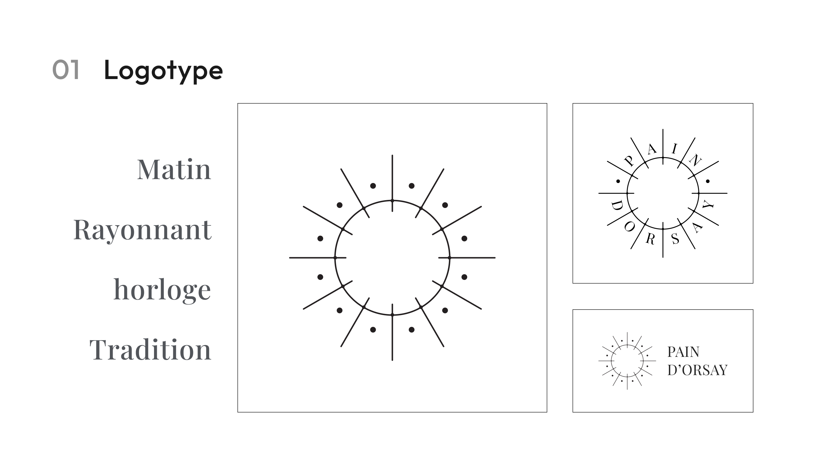 Présentation du logotype de la marque “Pain d’Orsay”. Le logo est un cercle rayonnant évoquant une horloge ou un soleil, accompagné des mots-clés “Matin, Rayonnant, Horloge, Tradition”. Différentes déclinaisons du logo sont montrées, notamment avec le nom “Pain d’Orsay” intégré au design circulaire.