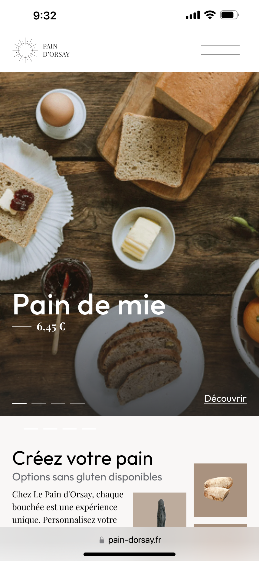 Version mobile de la page d’accueil du site Le Pain d’Orsay. L’image principale montre un pain de mie et des tranches grillées sur une table en bois. Texte promotionnel et bouton “Découvrir”.