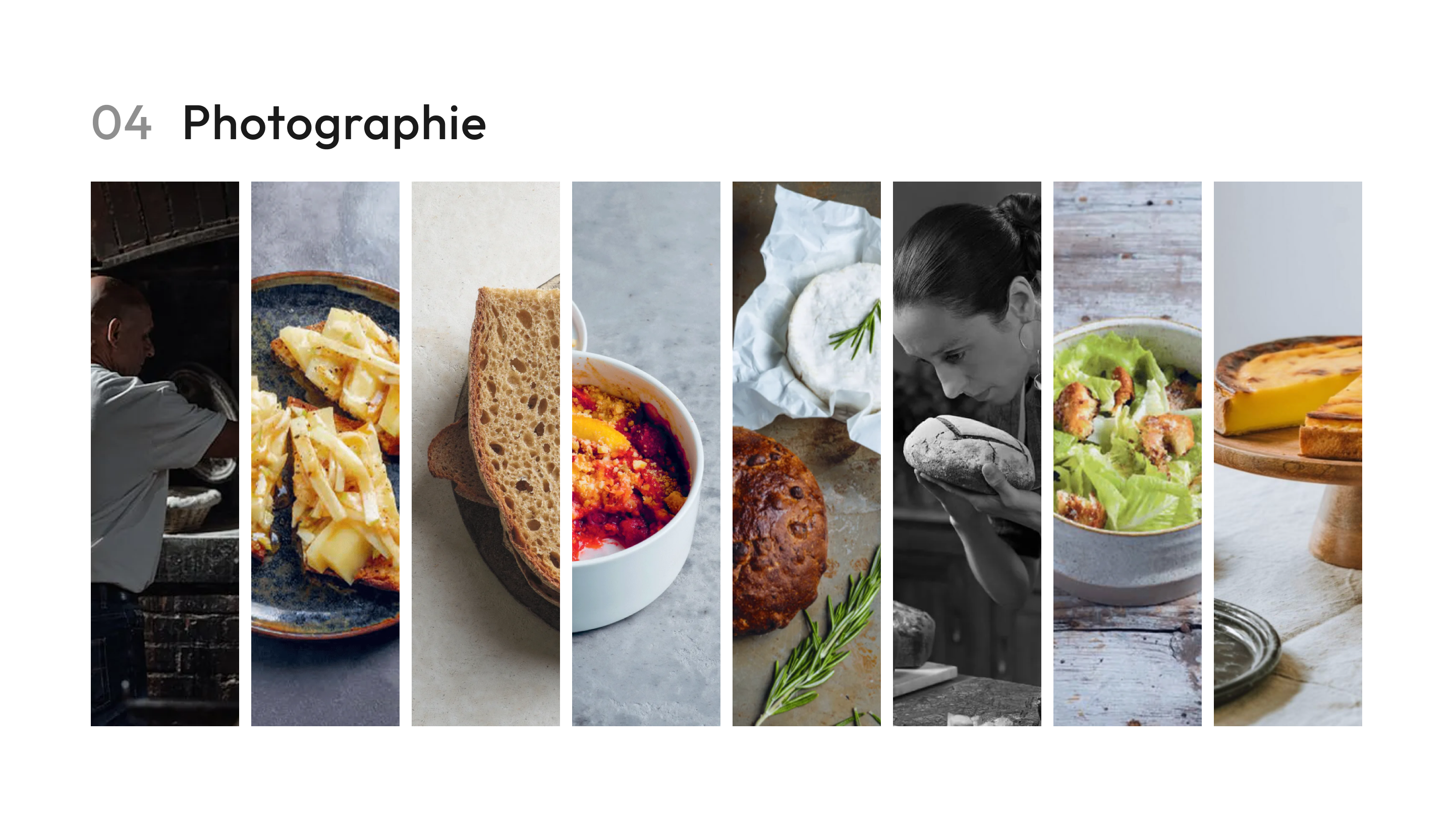Série de photographies illustrant l’univers visuel de la marque. Images de pains, plats préparés, ingrédients naturels et artisans en train de travailler, reflétant une ambiance artisanale et authentique.