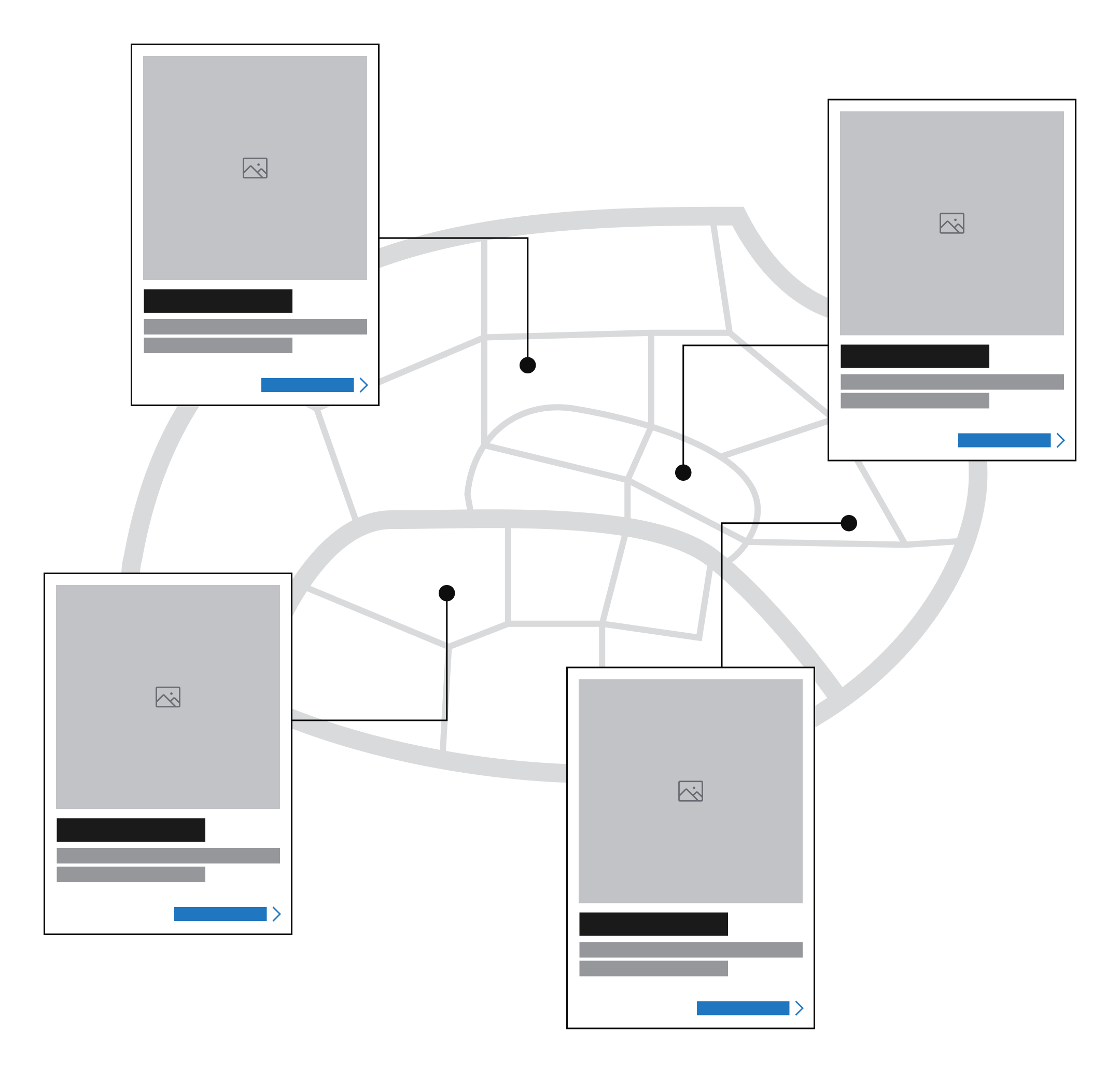 Wireframe représentant une carte interactive avec plusieurs points de localisation. Chaque point est relié à une fiche d’information comprenant une image et du texte descriptif.