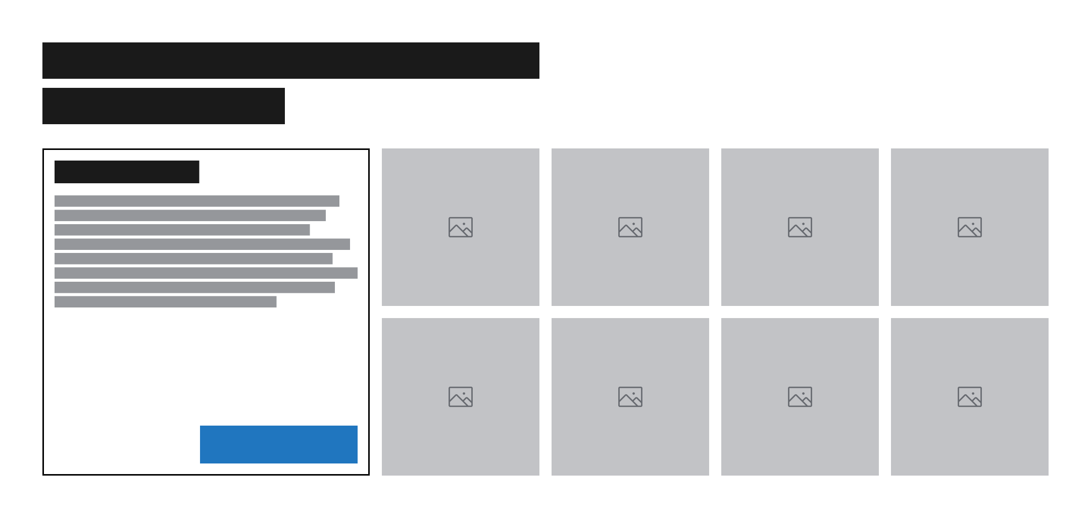 Wireframe d’une page produit avec un grand visuel, un descriptif détaillé à gauche et une galerie d’images en grille à droite. Un bouton d’action en bas invite à en savoir plus ou à acheter.