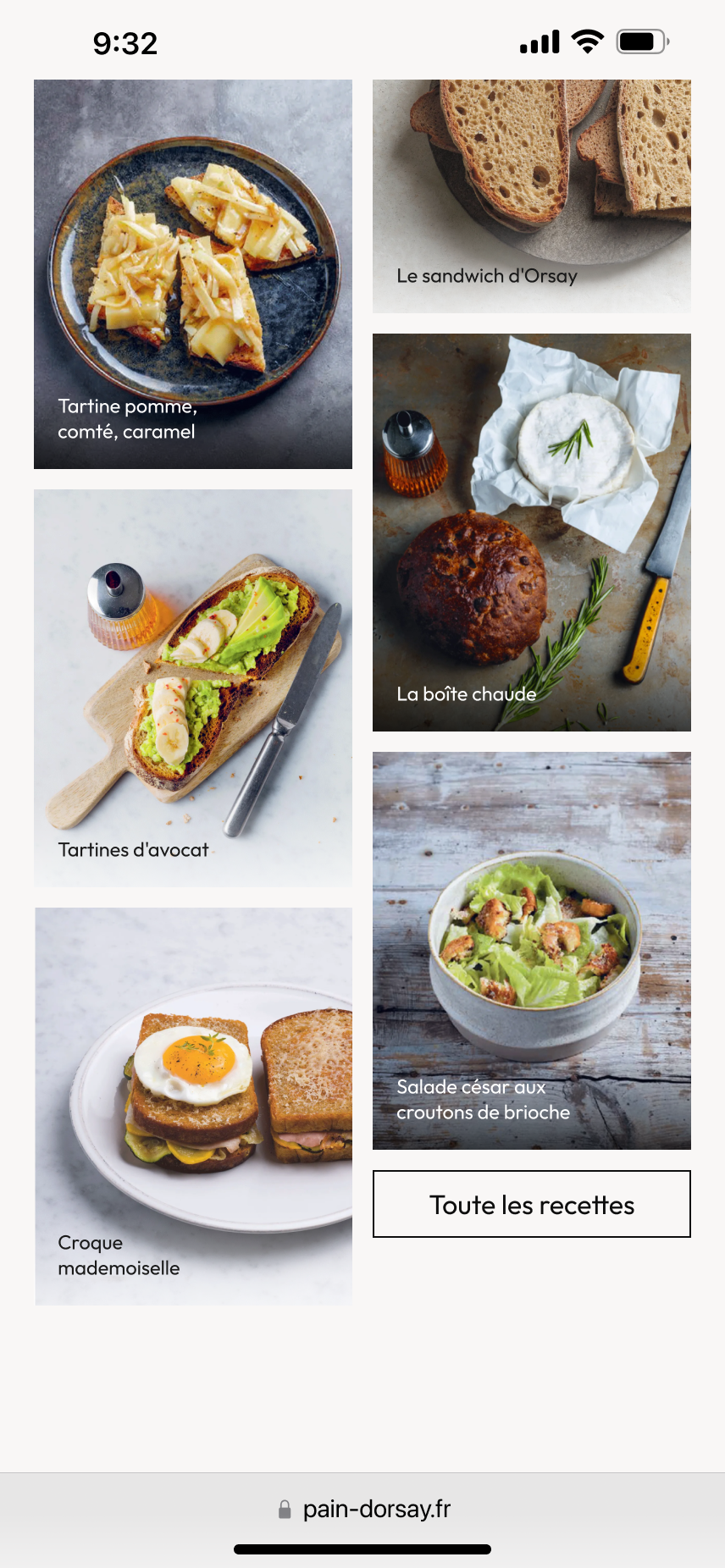 Version mobile de la section recettes du Pain d’Orsay. Présentation en grille des différentes recettes : tartines pomme-comté, sandwich, croque-madame, salade césar, etc.