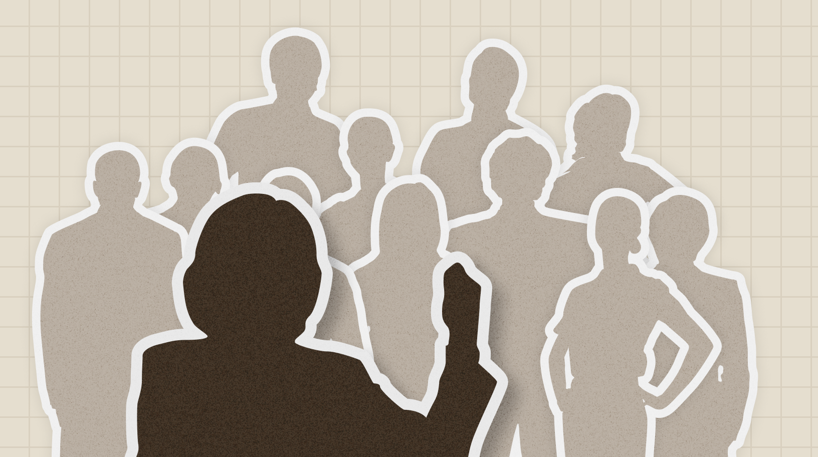 Version finale du visuel avec une personne de dos levant la main face à une foule stylisée en silhouette, avec des contours blancs pour accentuer la mise en avant du personnage principal. Le fond quadrillé beige apporte une touche graphique structurée.