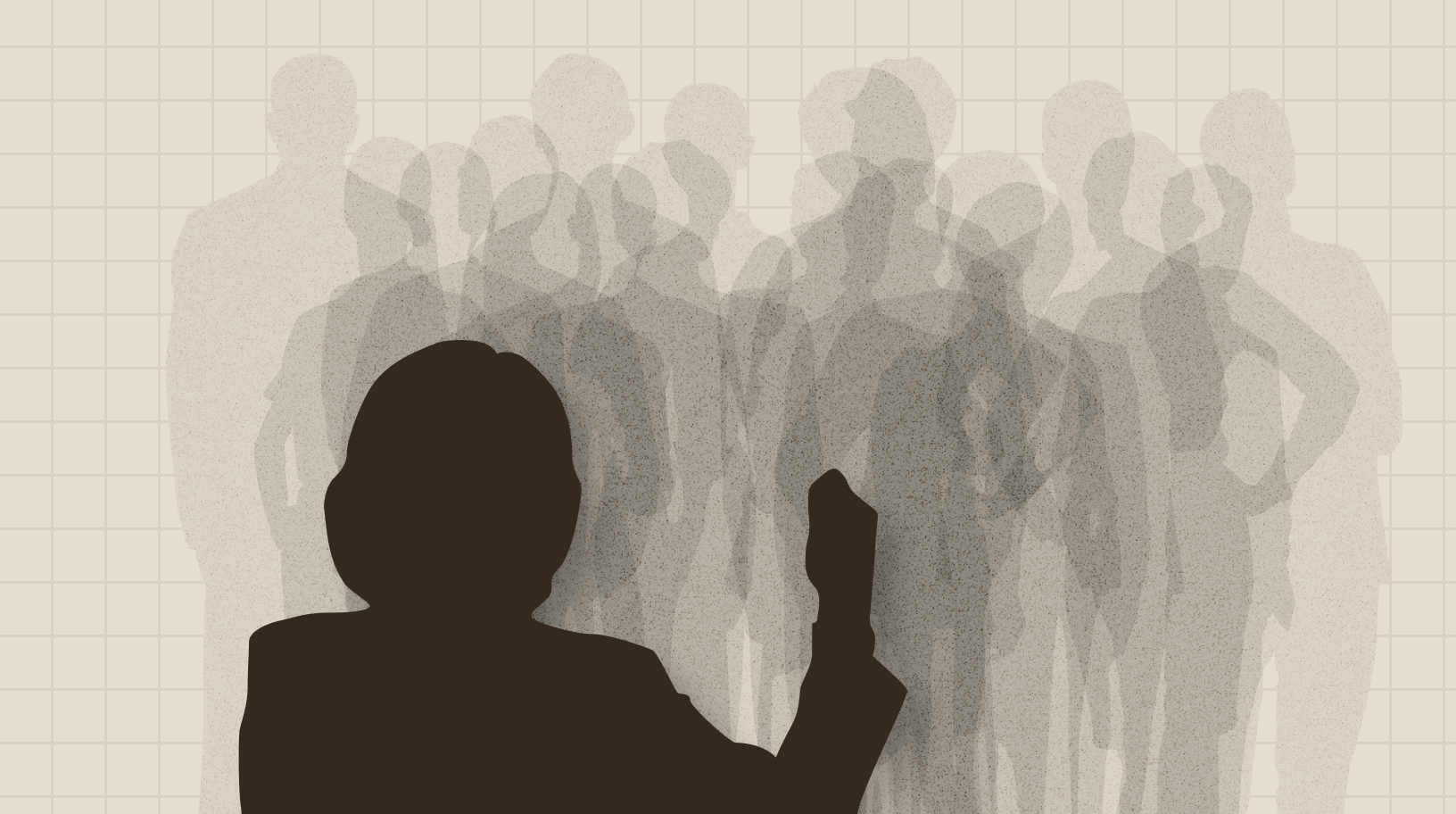 Illustration stylisée d’une personne prenant la parole devant une foule dont les silhouettes se superposent en transparence, créant un effet de mouvement. Le fond quadrillé beige renforce l’aspect structuré.