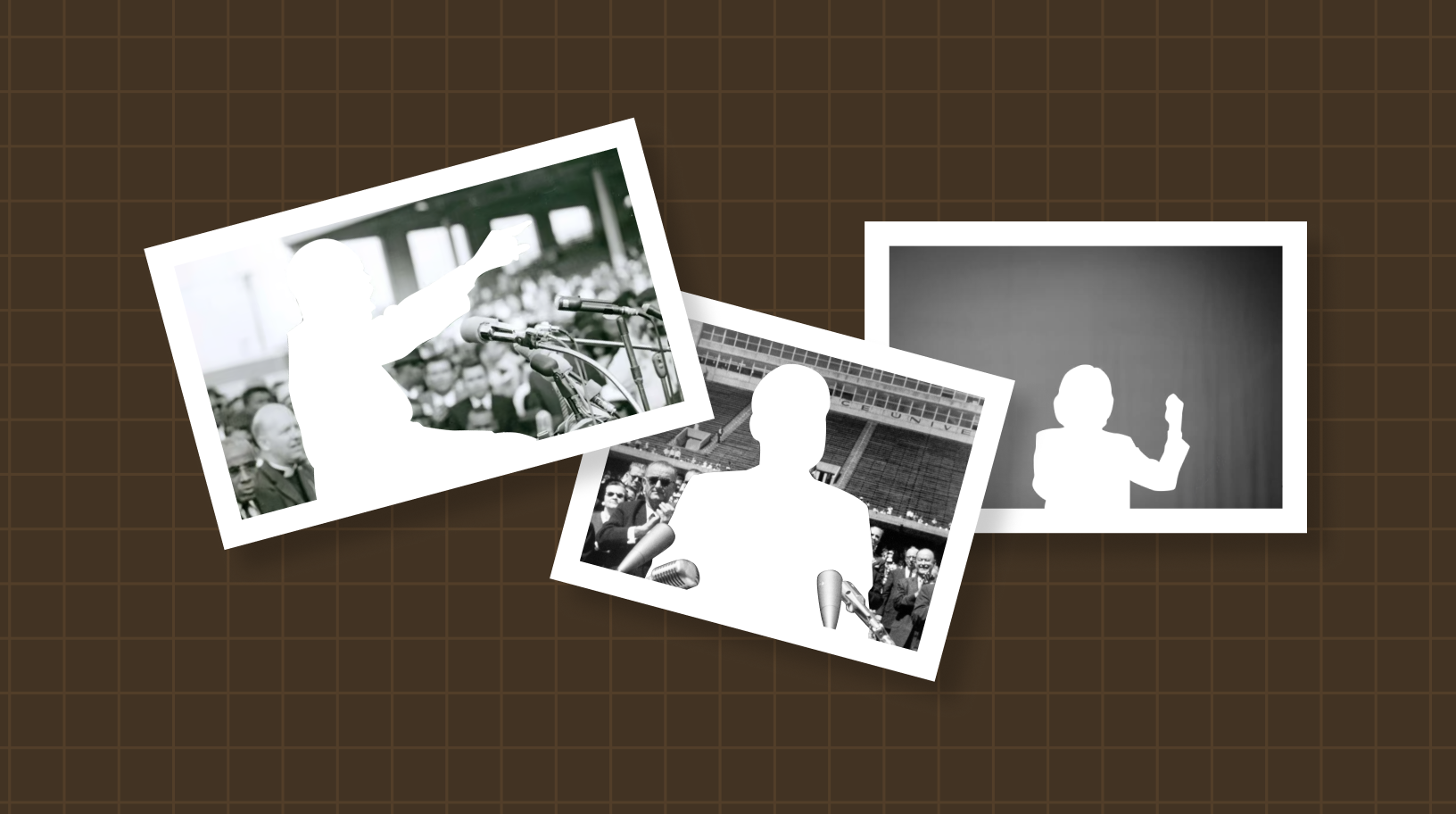 Trois photographies en noir et blanc de figures publiques en train de parler en public, avec un effet de découpe où seules leurs silhouettes blanches restent visibles.