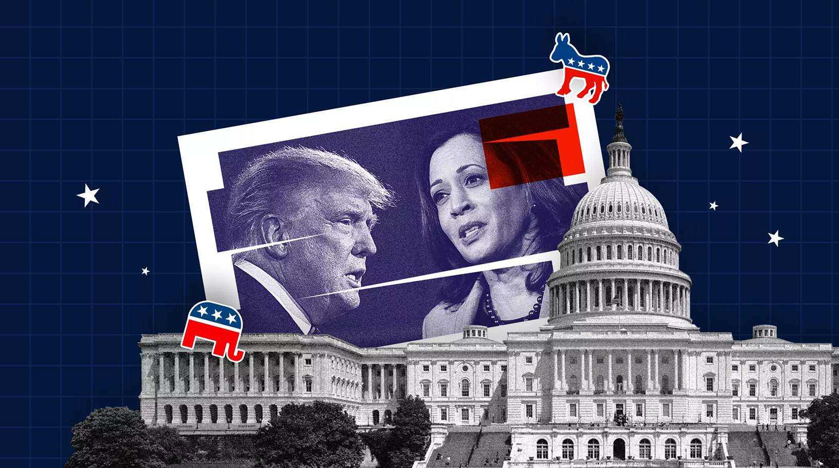 Montage graphique sur fond bleu nuit représentant Donald Trump et Kamala Harris en conversation, avec le Capitole des États-Unis en arrière-plan. Des icônes des partis républicain et démocrate ainsi que des étoiles sont ajoutées pour renforcer l’univers politique américain.