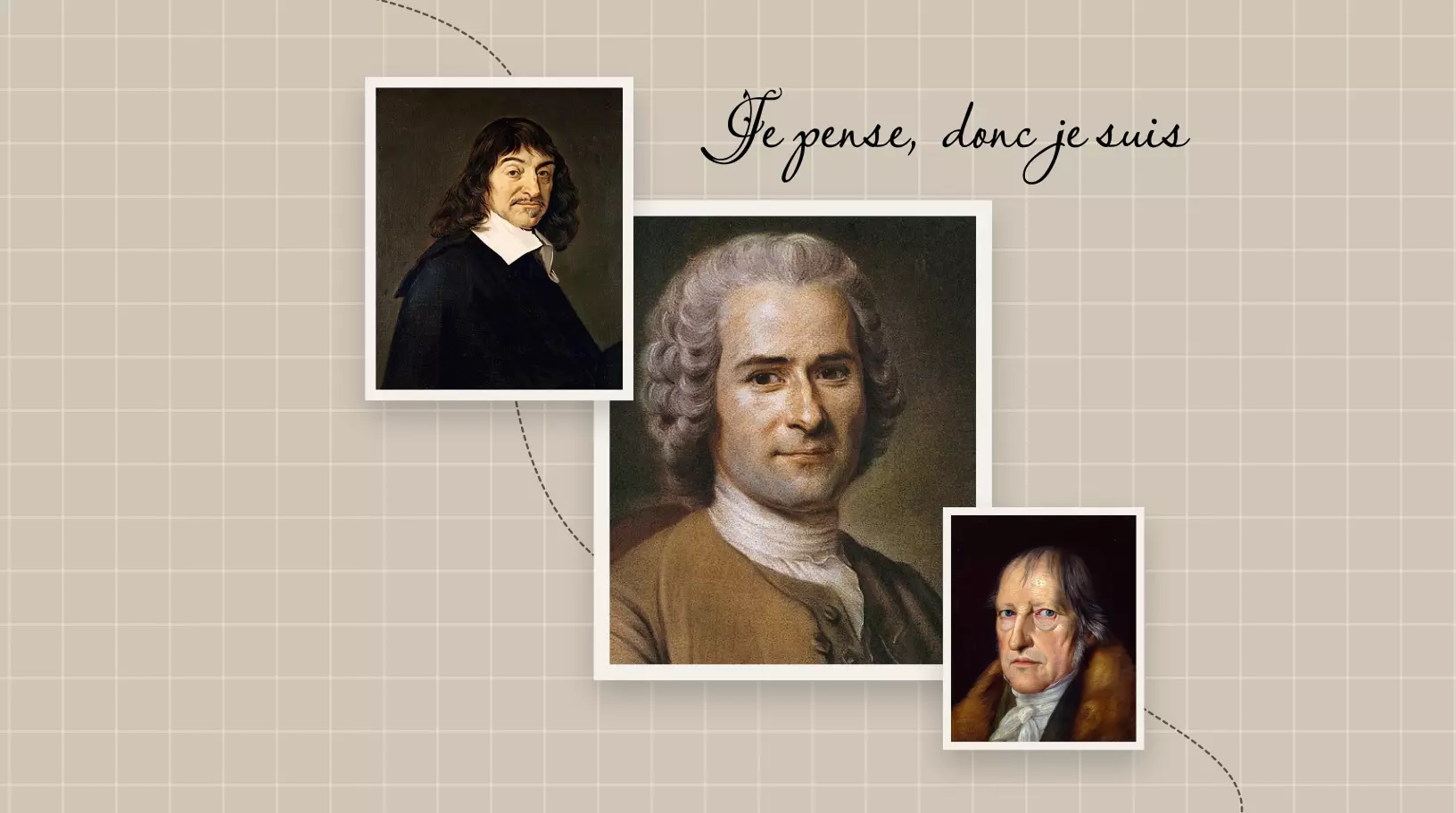 Montage graphique représentant des portraits de philosophes célèbres, dont René Descartes, Jean-Jacques Rousseau et Georg Wilhelm Friedrich Hegel. La citation "Je pense, donc je suis" est affichée sur un fond quadrillé beige.