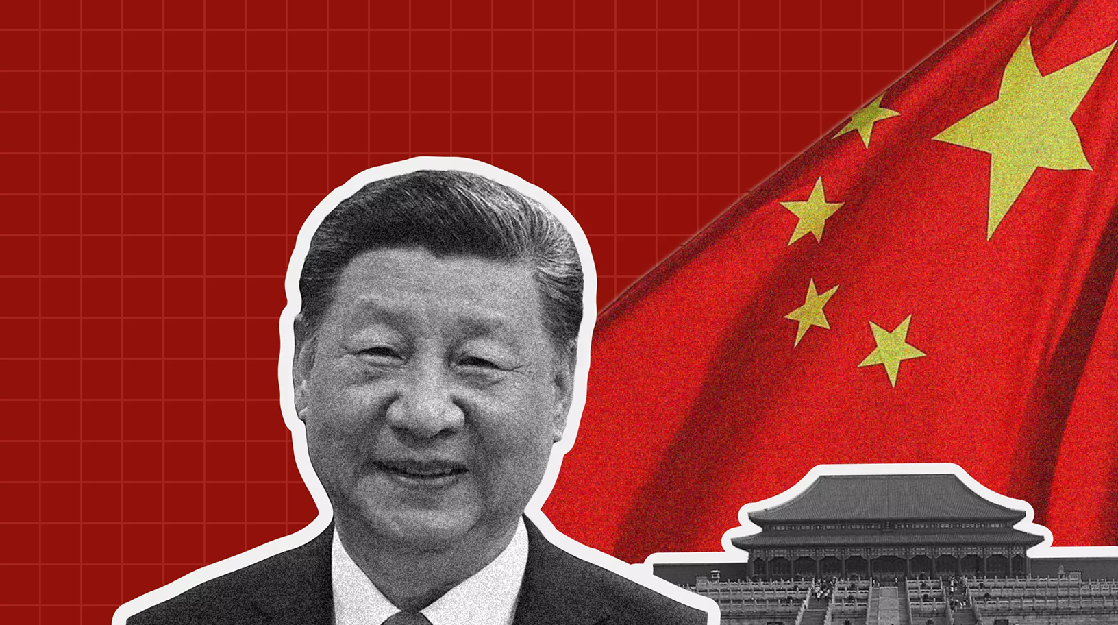 Montage graphique sur fond rouge représentant un portrait d’un homme politique chinois, un drapeau de la Chine et une image en noir et blanc d’un bâtiment emblématique. L’effet de découpe et de collage apporte un style éditorial dynamique.