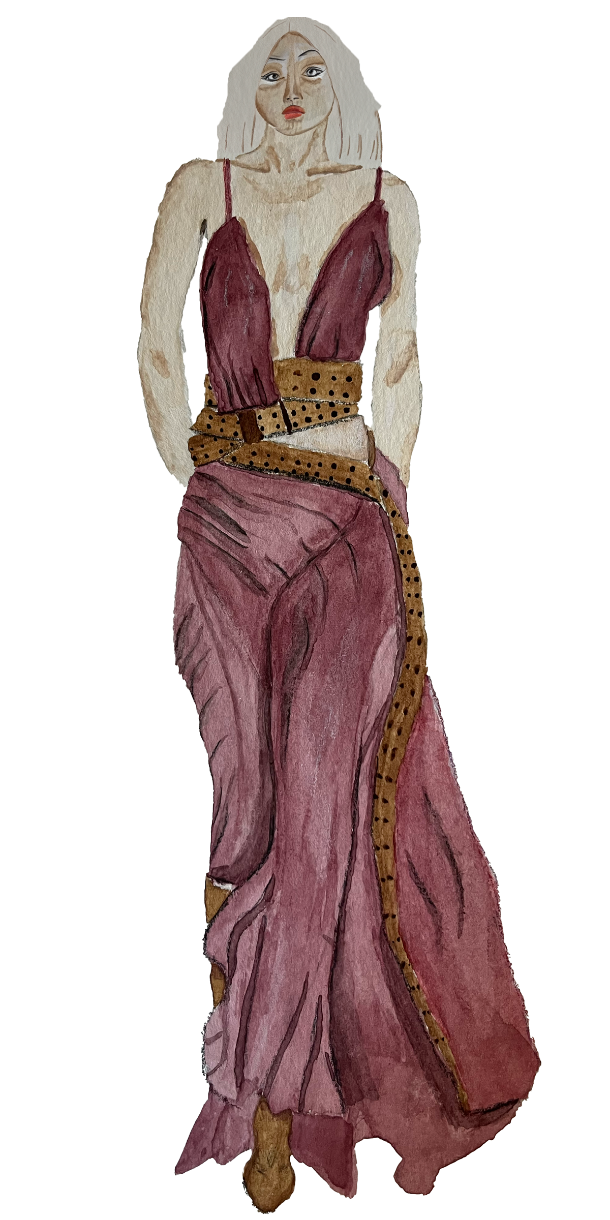 Illustration d’un personnage féminin vêtu d’une robe fluide bordeaux avec des bretelles fines, une ceinture texturée et des détails dorés, avec une attitude élégante.