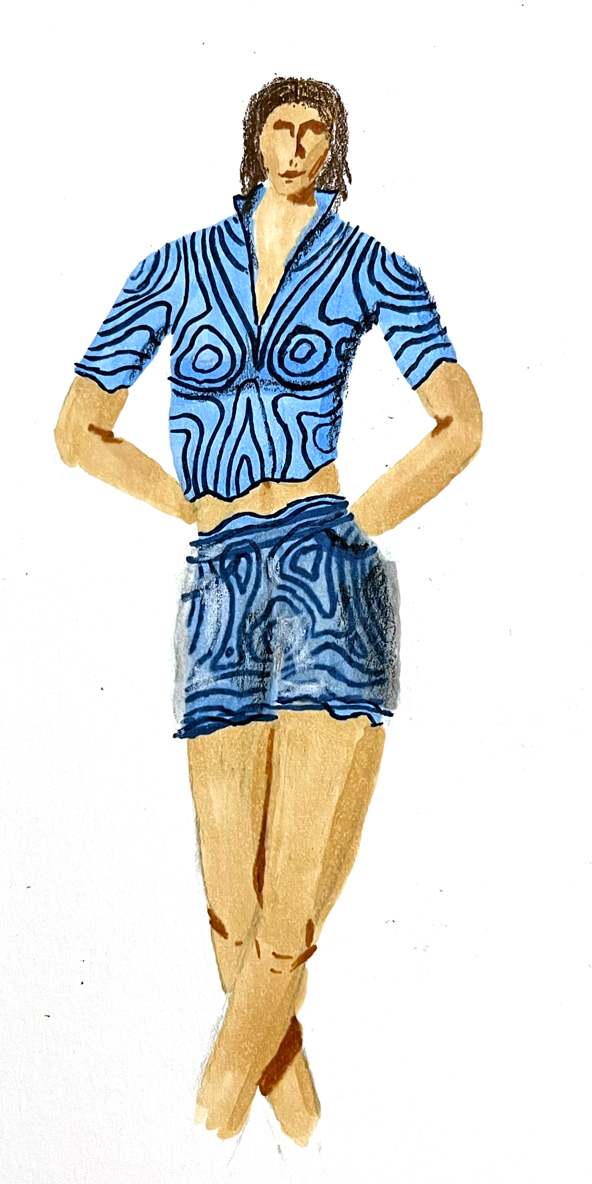 Illustration d’un personnage vêtu d’un haut technique à motifs topographique noirs et d’un short court assorti, avec une sur-short transparent par dessus.