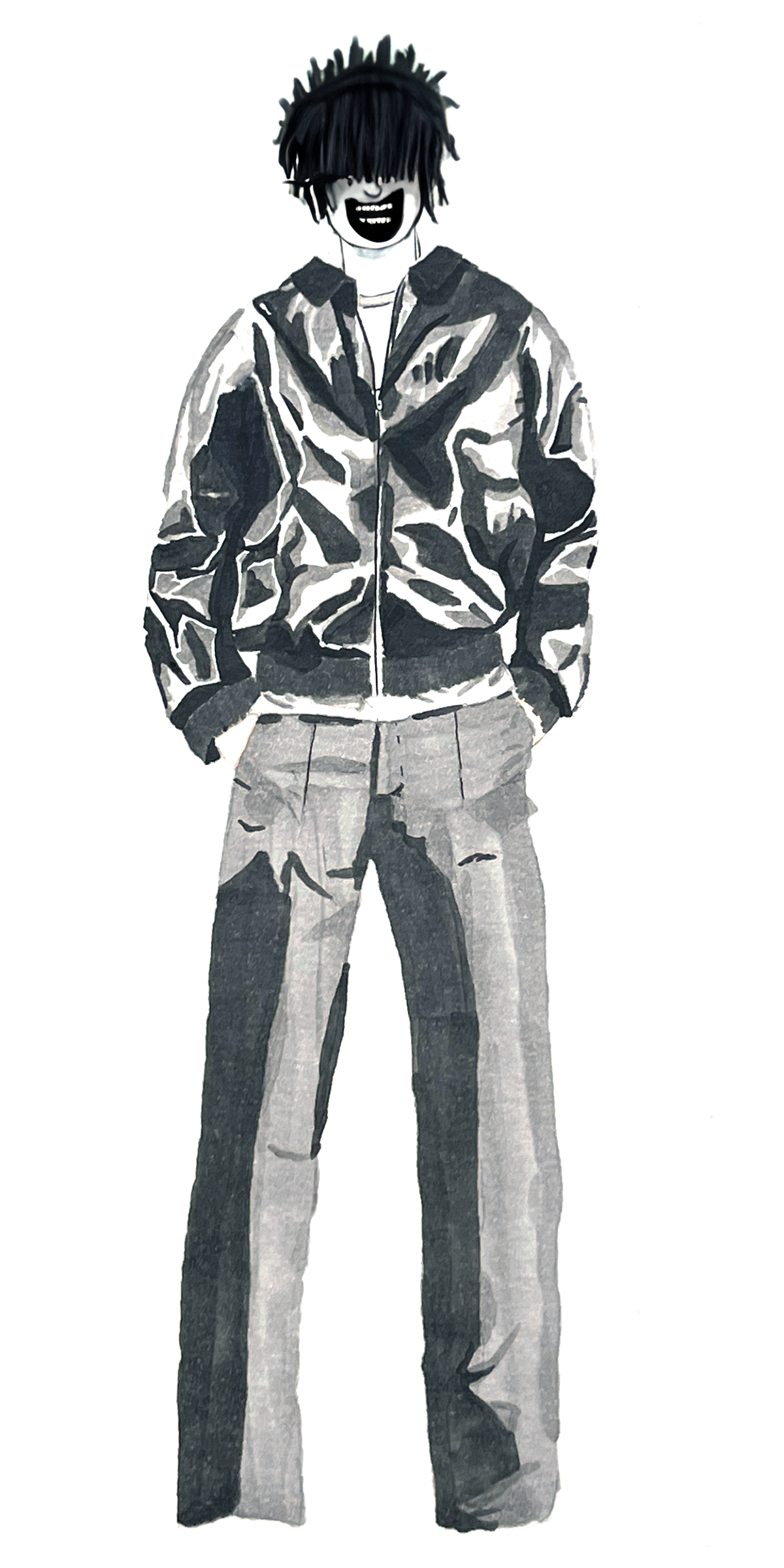 Illustration en noir et blanc d’un personnage au style streetwear, portant une veste brillante et un pantalon large, avec un visage obscurci par des cheveux couvrant les yeux et un large sourire.