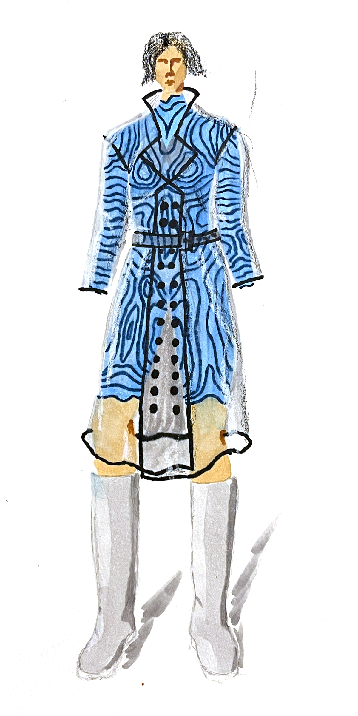 Illustration d’un personnage portant un long manteau transparent par dessus une combinaison à motifs topographique noirs, cintré à la taille avec des boutons contrastants et des bottes hautes blanches.