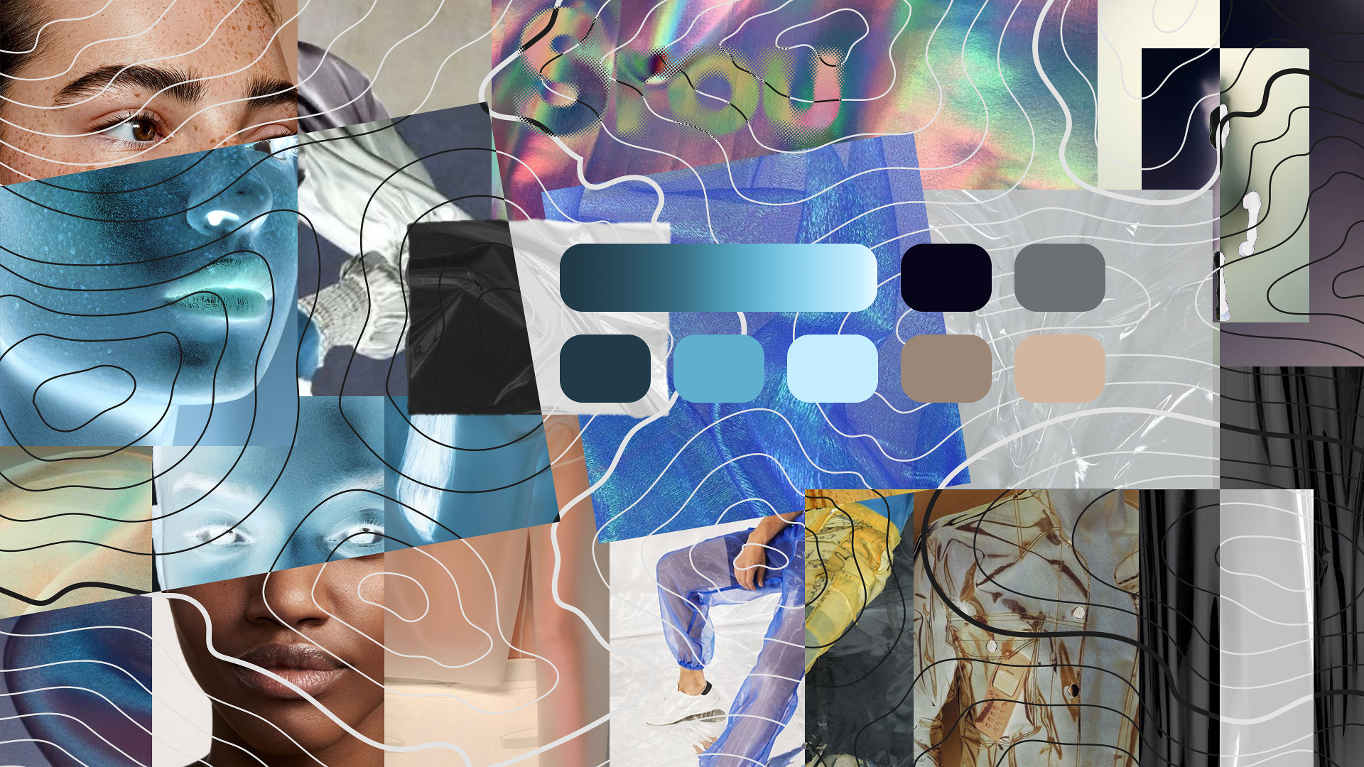 Moodboard visuel combinant des textures futuristes, des visages humains, des éléments holographiques et une palette de couleurs bleu, gris, noir et beige.