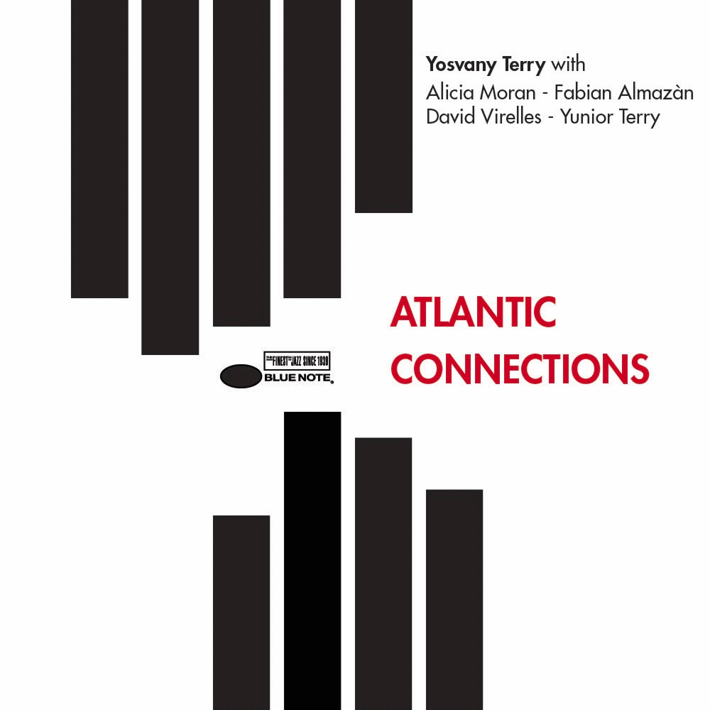 Première ébauche de la pochette de l’album Atlantic Connections, avec un fond blanc et des bandes verticales noires rappelant la formes des continents américain. Le texte est en noir et rouge.