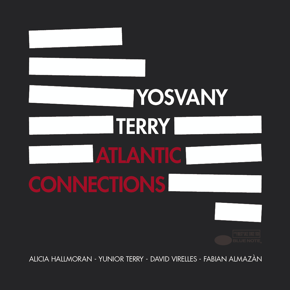 Dernière version de la pochette de l’album Atlantic Connections de Yosvany Terry. Design minimaliste sur fond noir avec des bandes blanches inclinées et un texte en blanc et rouge.