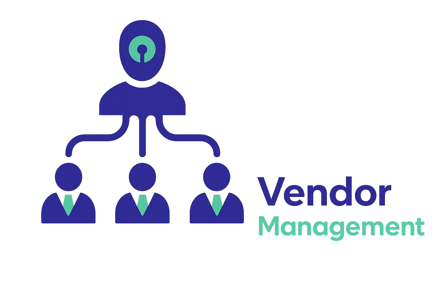 Flat vector illustration showing a central blue figure with a green keyhole-shaped head, representing a manager, connected via branching lines to three vendor icons below. Each vendor figure wears a suit with a green tie. The words 'Vendor Management' appear on the right in InControl Hub brand colors, all set against a clean white background.