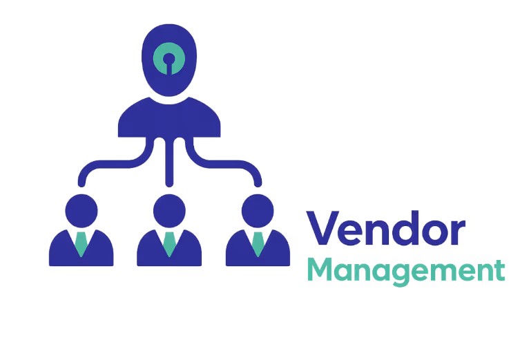 Flat vector illustration showing a central blue figure with a green keyhole-shaped head, representing a manager, connected via branching lines to three vendor icons below. Each vendor figure wears a suit with a green tie. The words 'Vendor Management' appear on the right in InControl Hub brand colors, all set against a clean white background.