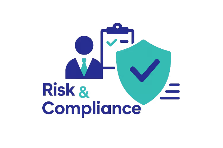 Flat vector illustration featuring a shield with a checkmark, a suited figure with a green keyhole-shaped tie, and a checklist clipboard. The text 'Risk & Compliance Management' is displayed on the left in brand-styled blue and green, with a transparent or white background.