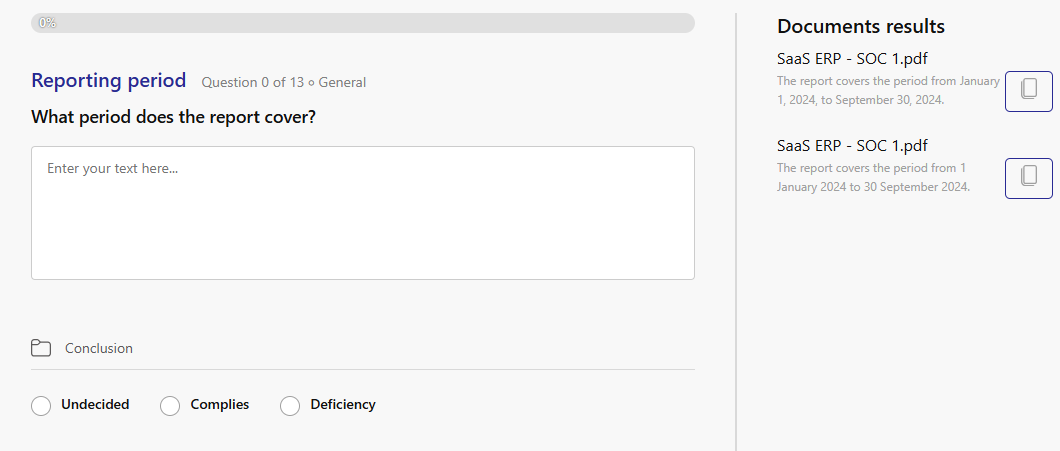 Printscreen of how AI supports a questionnaire, getting proposed answers from AI
