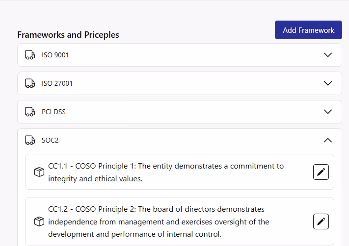 Printscreen of the app showing some frameworks and assigned priniples