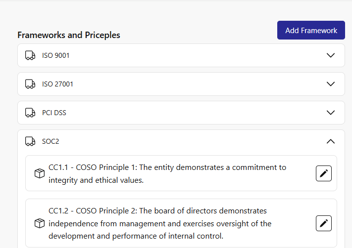 Printscreen of the app showing some frameworks and assigned priniples