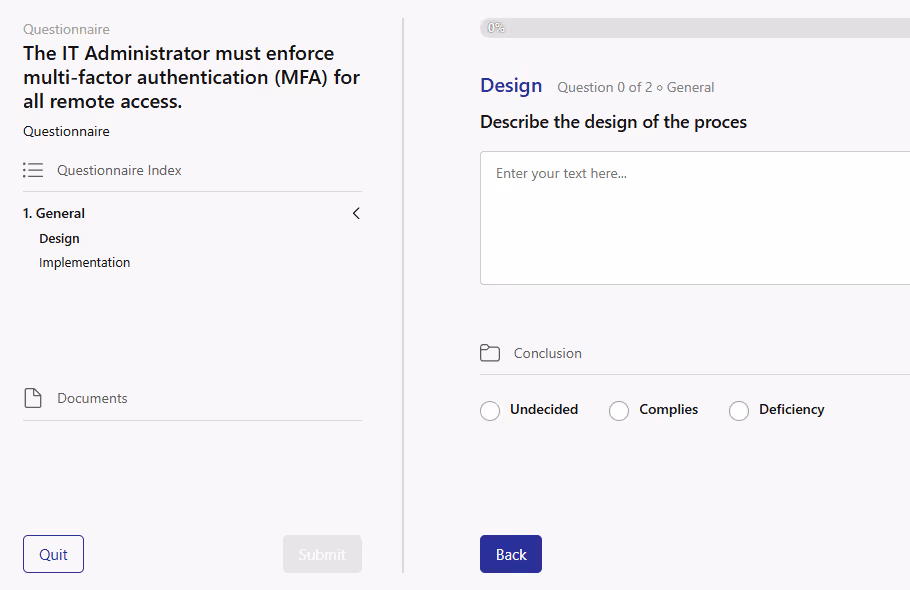 Printscreens showing how controls are assessed