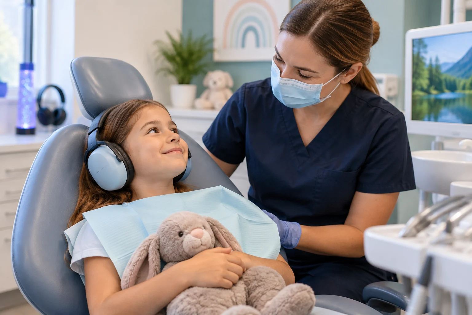 Smiling girl in noise-reducing headphones holding a stuffed bunny in a dental chair beside a hygienist