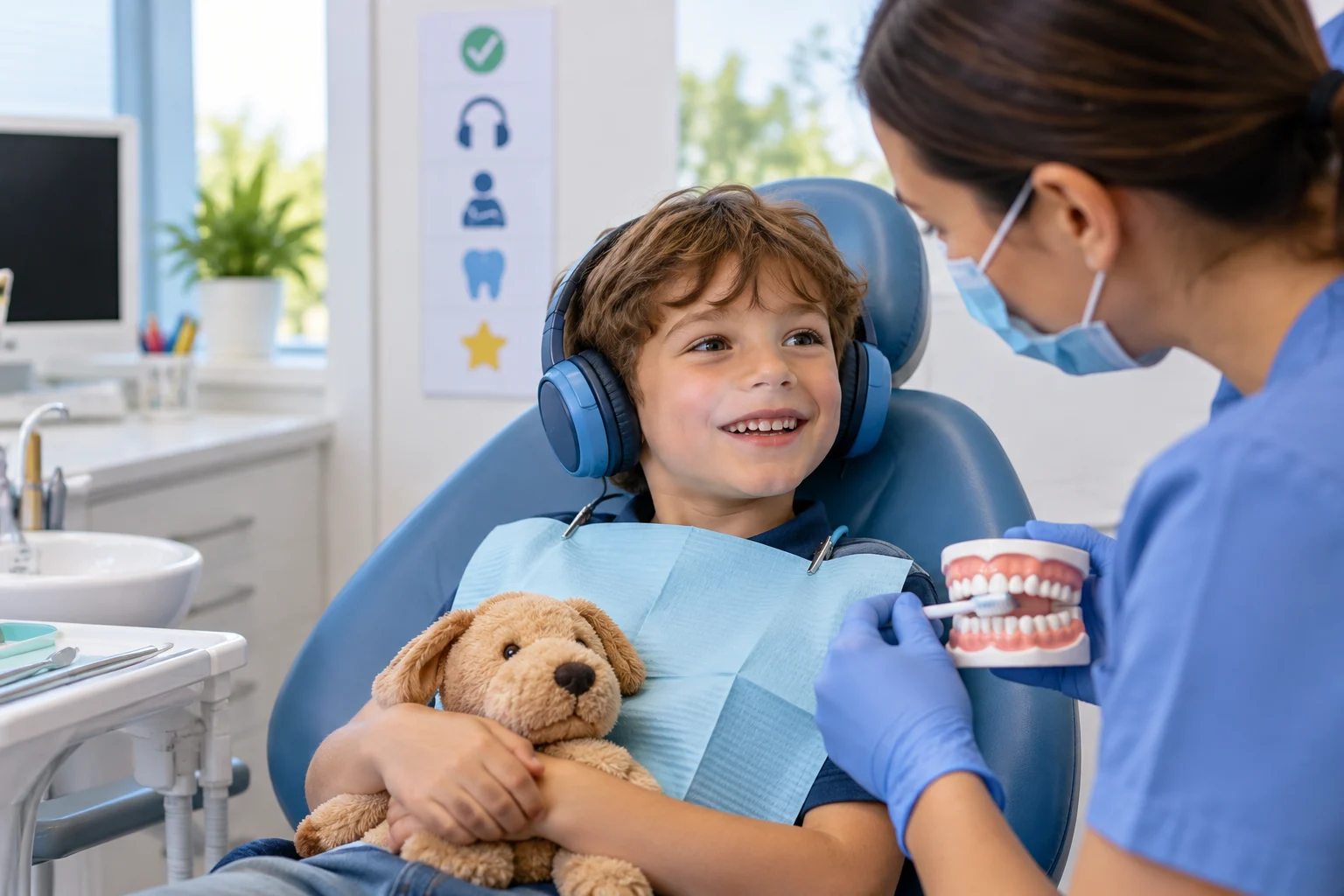 Smiling boy in headphones in a dental chair as a hygienist demonstrates brushing on a tooth model