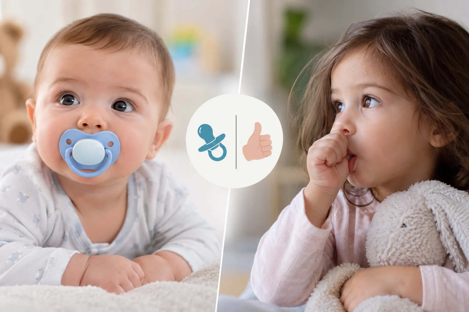 Baby with a blue pacifier next to a toddler sucking her thumb