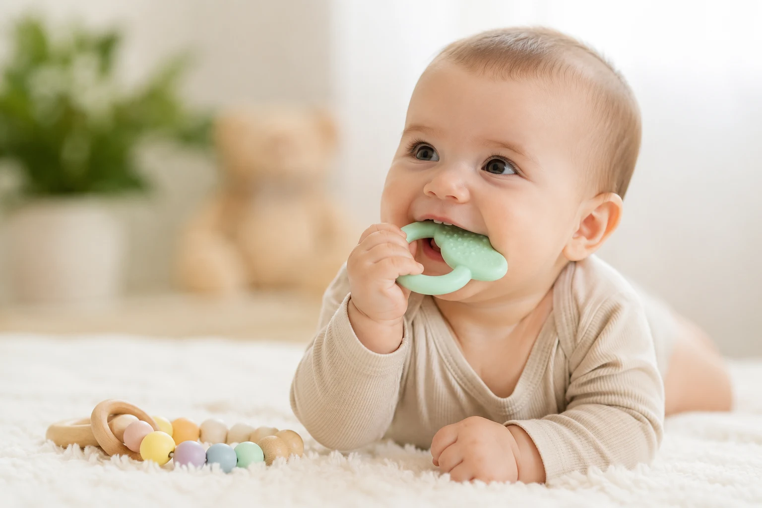 Baby chewing on a mint-green teething ring on a soft rug