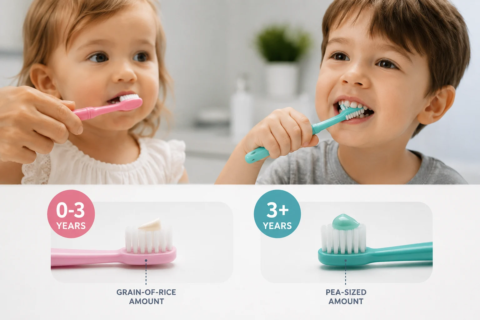 Two children brushing their teeth above grain-of-rice and pea-sized toothpaste amounts on toothbrushes