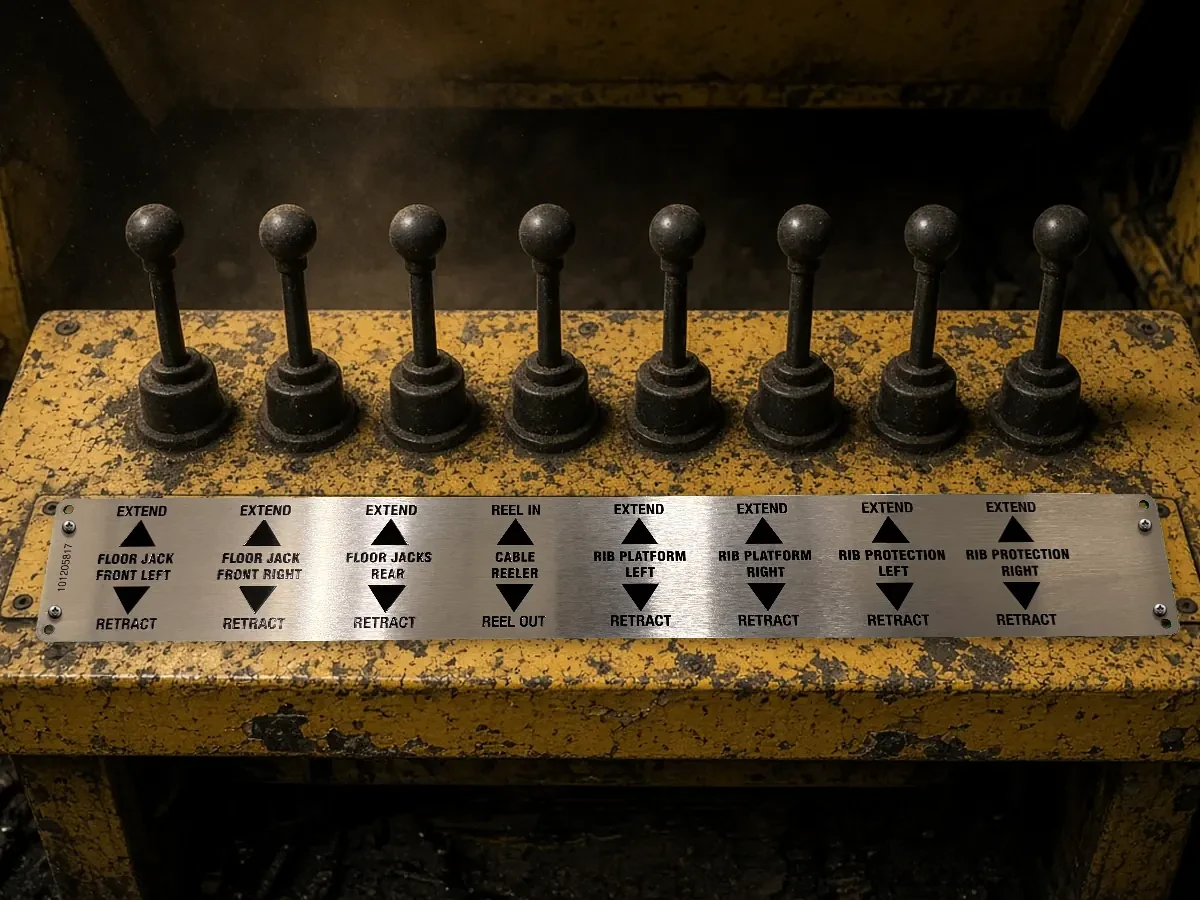 Etched metal control-panel legend plate on underground mining equipment.