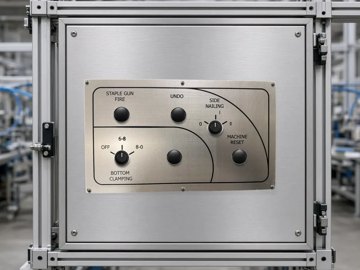 Brushed metal machine control panel mounted on an industrial production machine.
