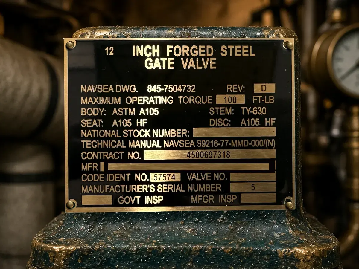 Brass NAVSEA nameplate on a forged-steel marine gate valve.