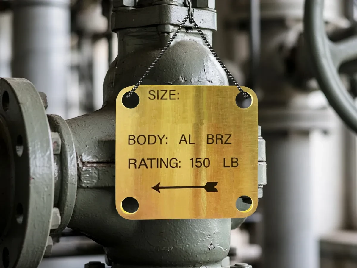 Brass valve identification tag wired to an industrial valve, showing body material and pressure rating.