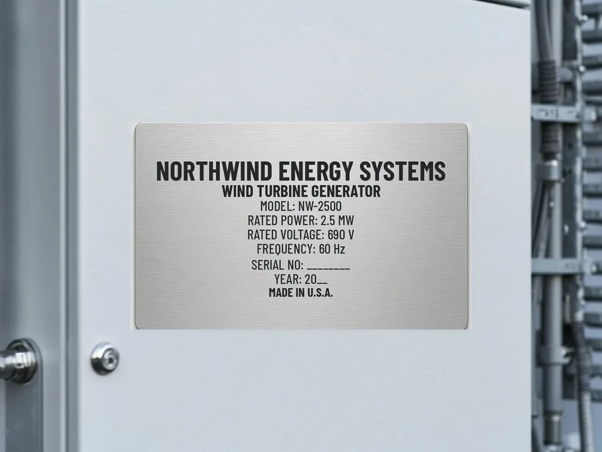 Metal outdoor rating nameplate on wind-turbine generator equipment for renewable energy.