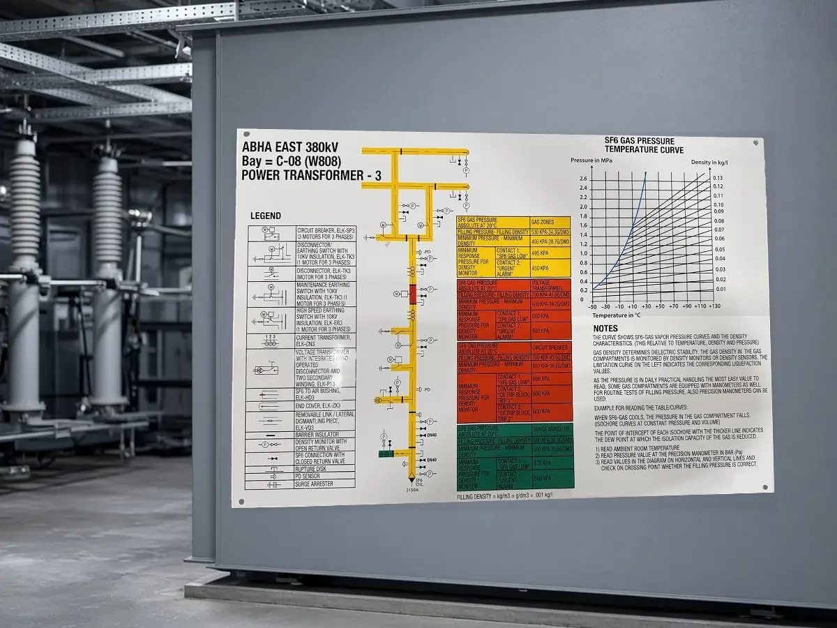 SF6 gas-density metal rating plate on outdoor substation switchgear at a power-generation site.
