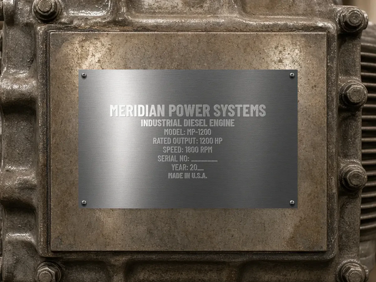 Stainless steel serial and rating nameplate on a large industrial diesel engine.