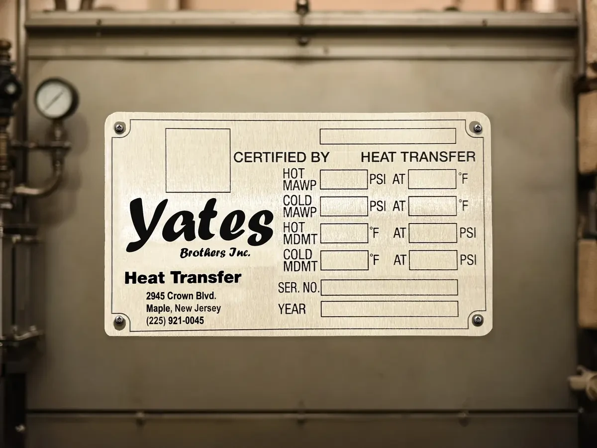 Stamped metal heat-transfer rating nameplate with MAWP and MDMT on an industrial boiler and pressure vessel.
