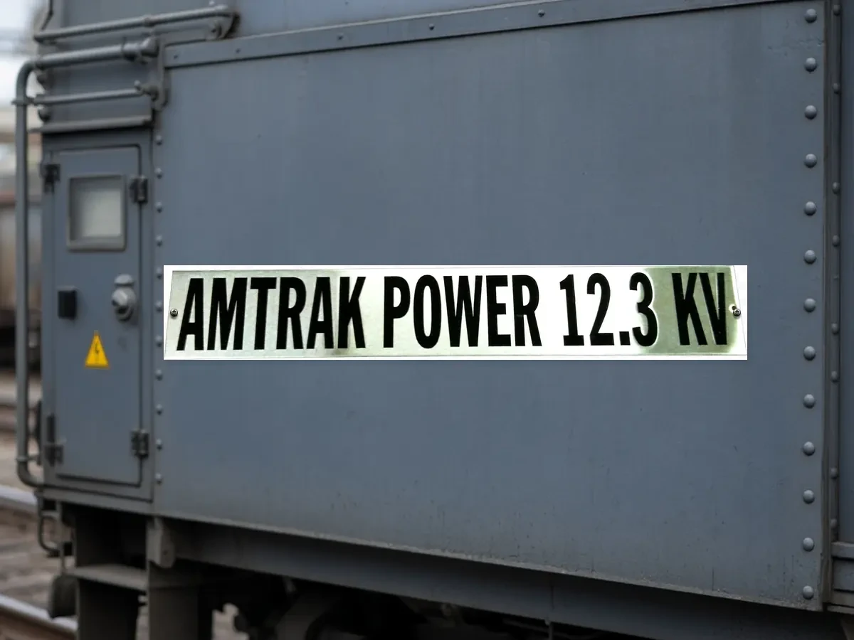 Stainless high-voltage identification plate bolted to the body of an electric rail power car.