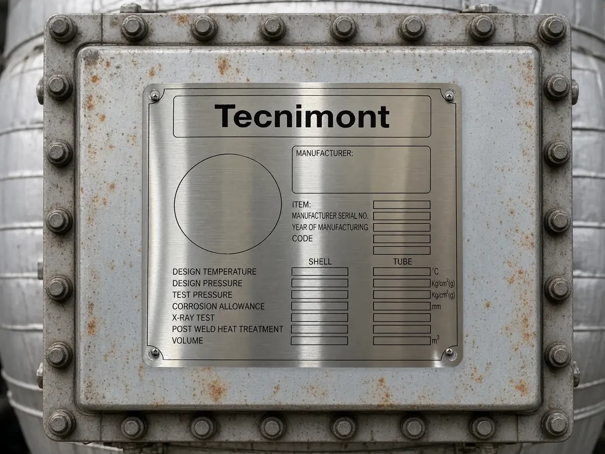Stainless shell-and-tube heat-exchanger design nameplate showing design pressure, temperature, and shell and tube data.