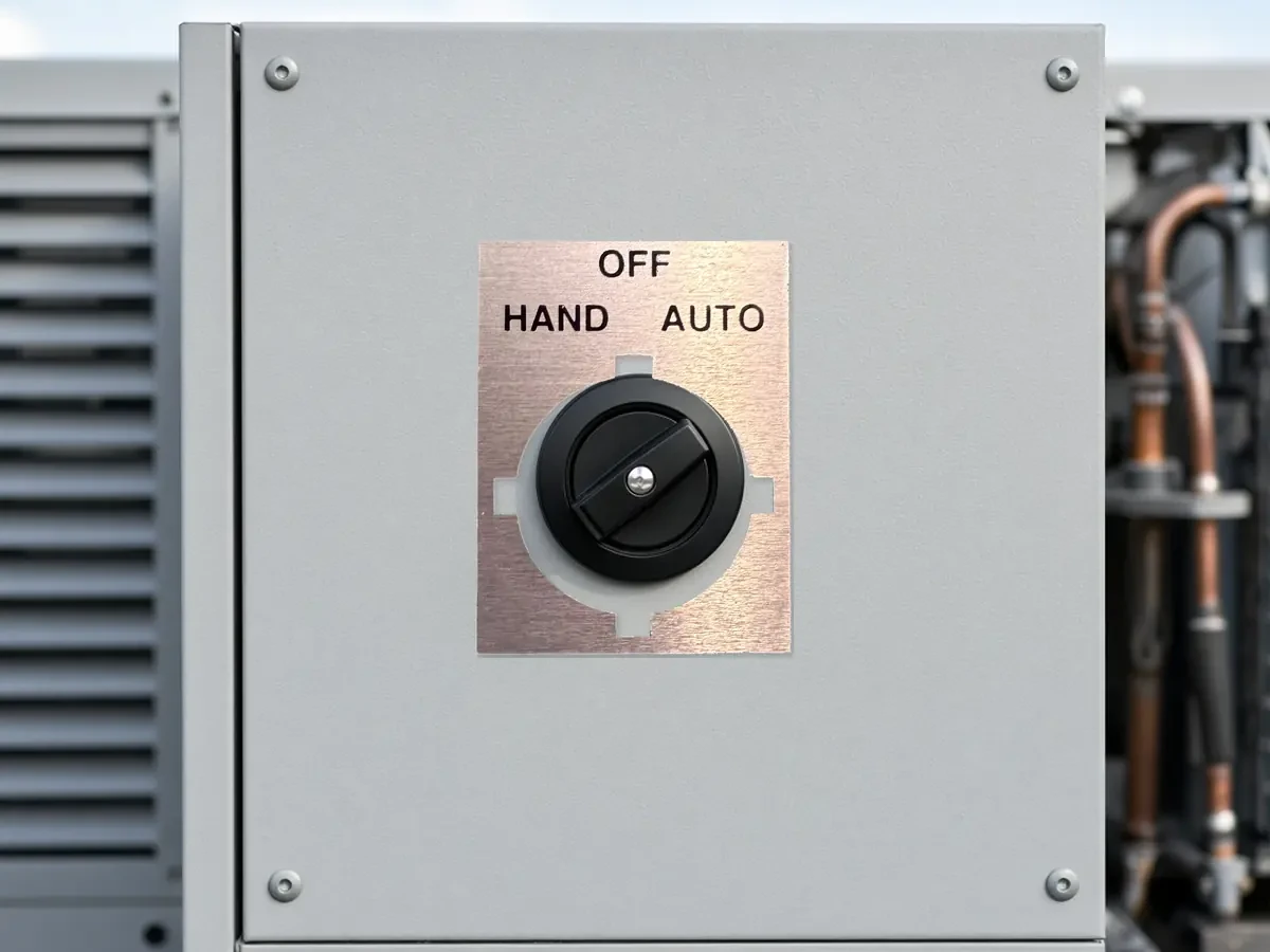 Anodized aluminum OFF/HAND/AUTO selector nameplate on rooftop HVAC control gear.