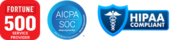Row of three logos representing Slingr's affiliation with the Fortune 500, AICPA/SOC compliance, and HIPAA compliance