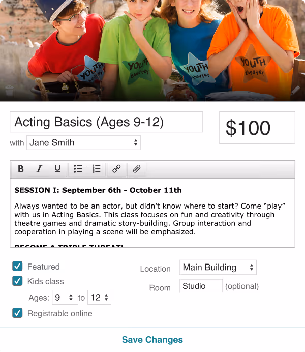 CourseStorm class registration screenshot. Easily update class and camp descriptions and save on admin time for your arts & culture org.