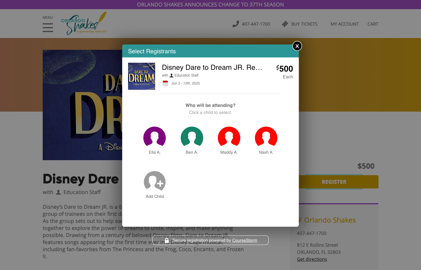 A screenshot of CourseStorm class registration software embedded into a client website