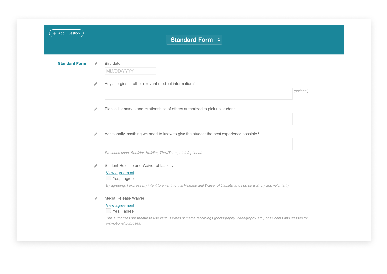 An example custom form in CourseStorm showing custom questions for a kids class