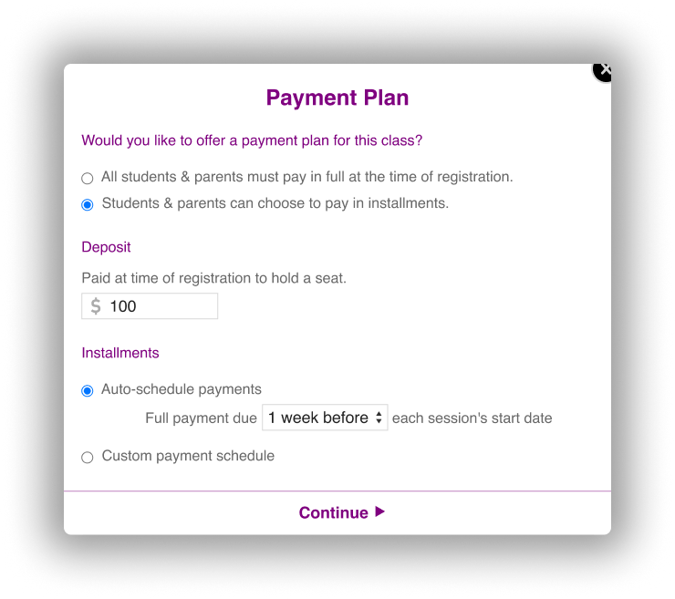 An example custom form in CourseStorm showing custom questions for a kids class